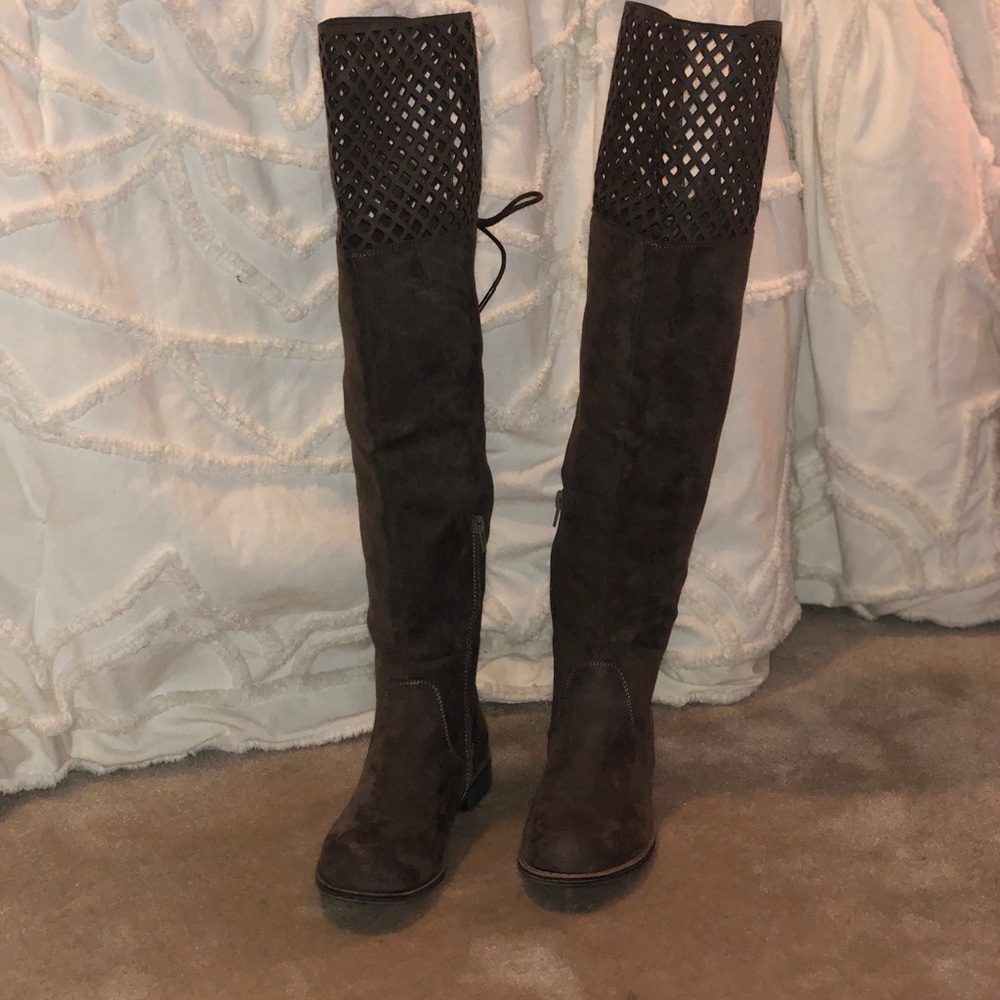 Grey brown thigh high boots